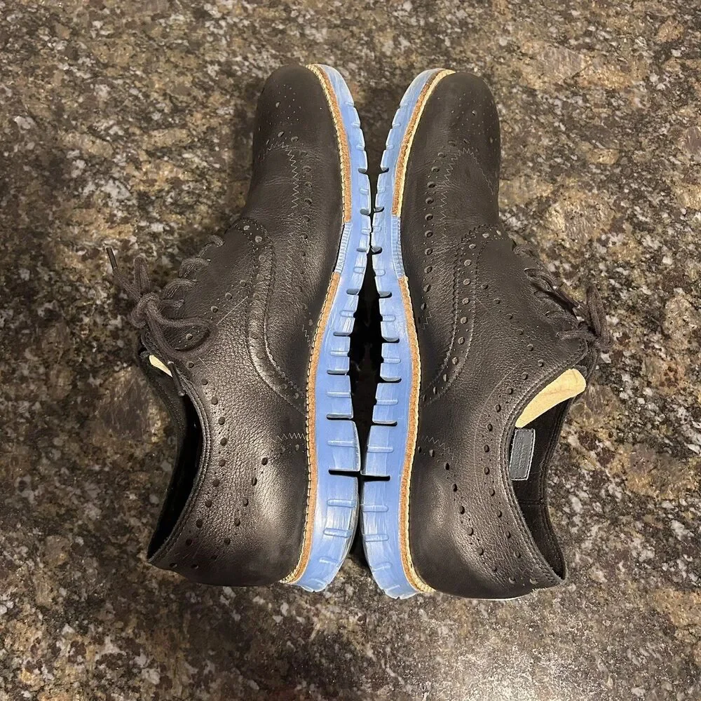 Men 11 M Cole Haan Water Resistant Zerogrand Black Leather Blue Wingtip C23746